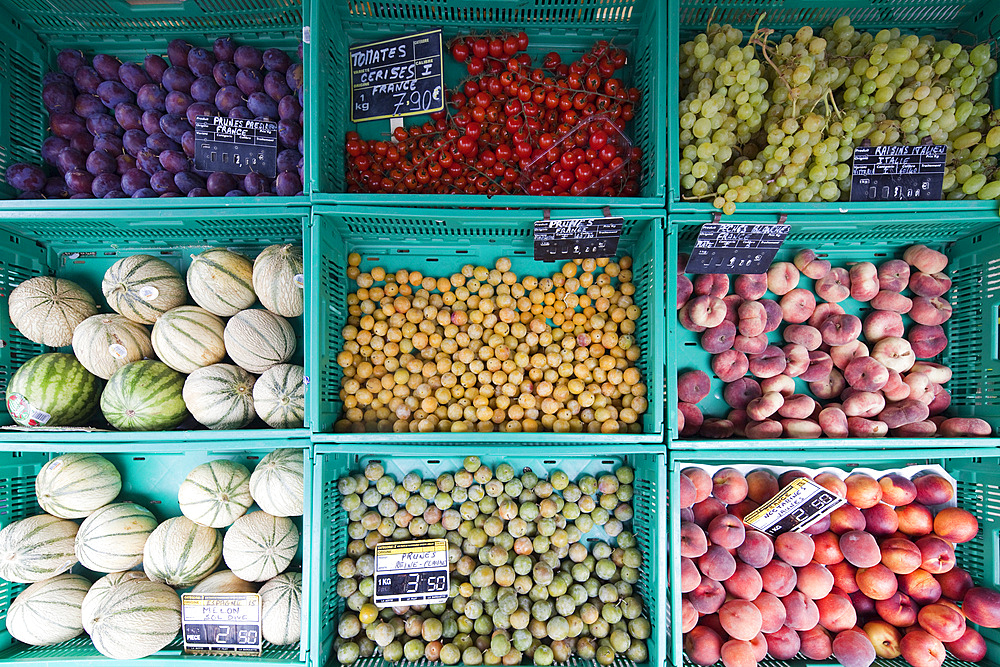 Boxes with fruits, town of Vannes, departament de Morbihan, Brittany, France