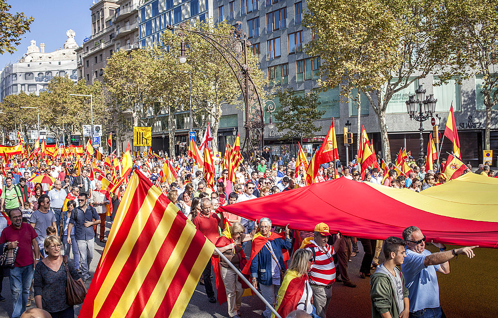 Anti-independence Catalan protestors carry Spanish flags and catalan flags during a demonstration for the unity of Spain on the occasion of the Spanish National Day at Passeig de Gracia, Barcelona on October 12, 2014, Spain