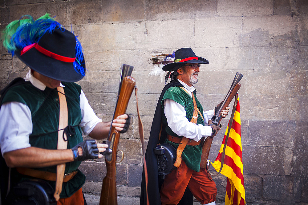 `Trabucaires¬¥ (men armed with blunderbuss) at Bisbe street during La Merce Festival. Barcelona. Catalonia. Spain