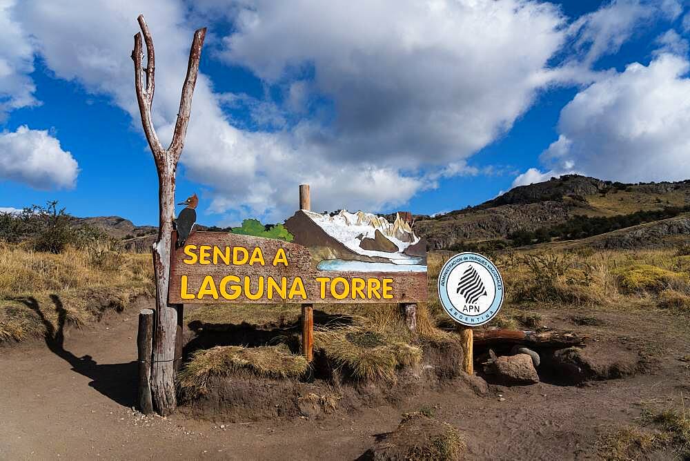 The park trail sign for the Laguna Torre Trail in Los Glaciares National Park near El Chalten, Argentina.  A UNESCO World Heritage Site in the Patagonia region of South America.