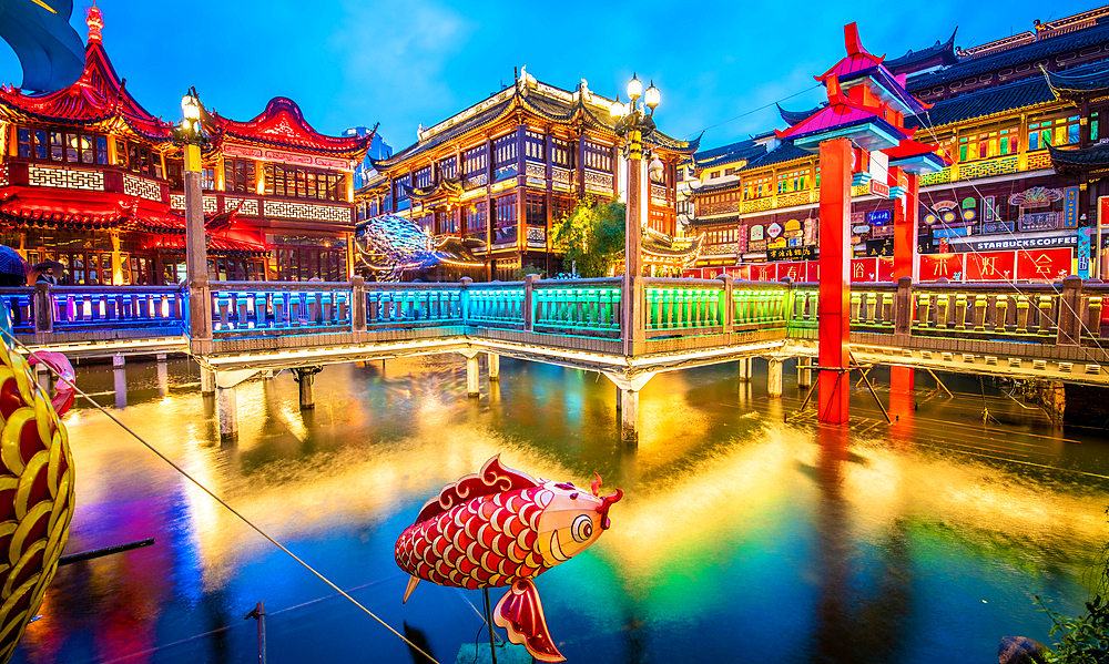 Beautiful lighting and decorations set up at Yu Garden for the Lantern Festival during Lunar New Year celebrations, Shanghai, China