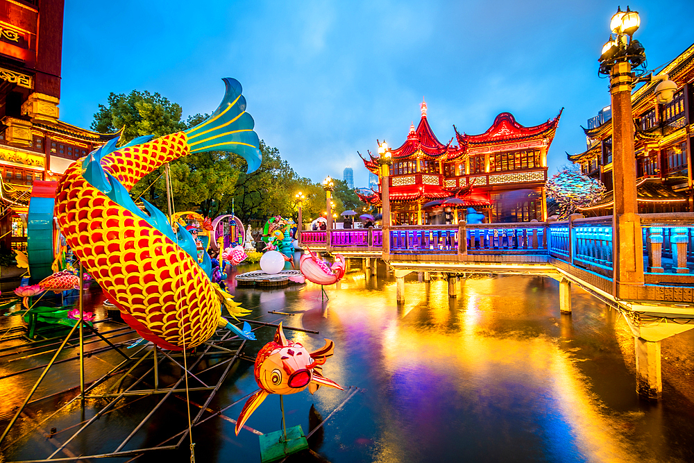 Beautiful lighting and decorations set up at Yu Garden for the Lantern Festival during Lunar New Year celebrations, Shanghai, China