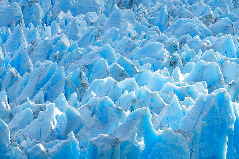 The jaggedly sculpted face of the Grey Glacier on Lago Grey in Torres del Paine National Park, a UNESCO World Biosphere Reserve in Chile in the Patagonia region of South America.