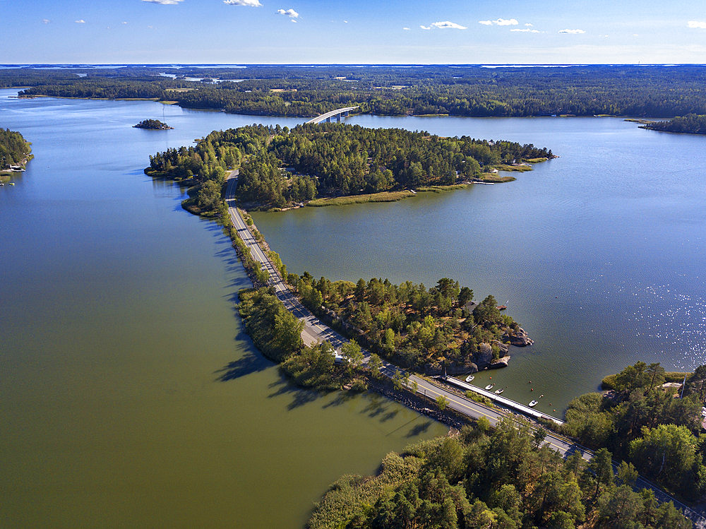 Aerial view of Kustavi small islands in Southwest Finland archipielago. The archipelago ring road or Saariston rengastie is full of things to see, do and do. The Archipelago Trail can be taken clockwise or counter clockwise, starting in the historical city of Turku, and continuing through rural archipelago villages and astonishing Baltic Sea sceneries. The Trail can be taken from the beginning of June until the end of August.