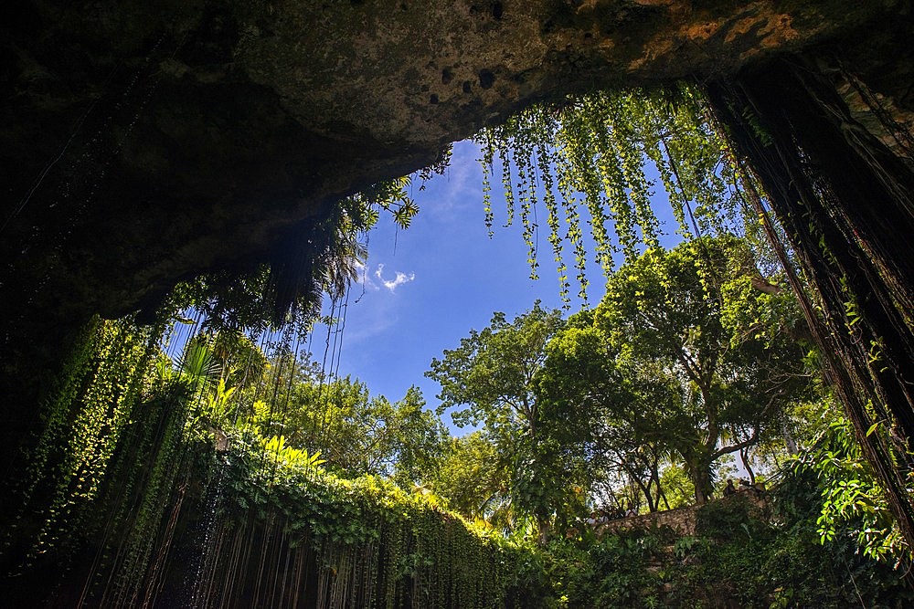 Cenote Ik Kil in Yucatan, Mexico, a natural pit, or sinkhole near Chichen Itza. Yucatan Peninsula, Quintana Roo, Mexico. Ik Kil was sacred to the Mayans who used this cenote for both relaxation and ritual services centuries ago.