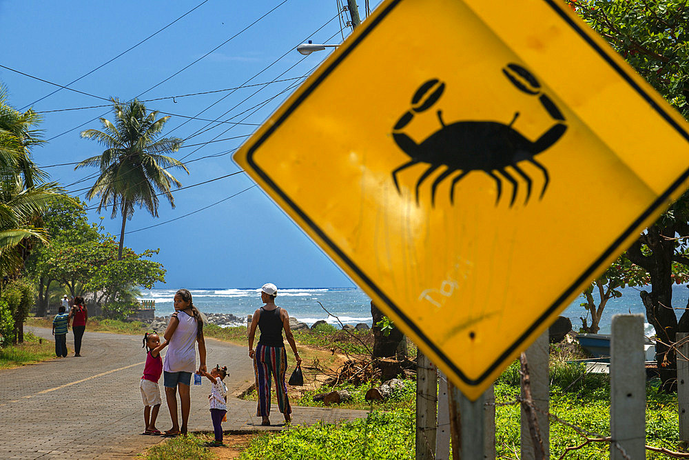 Crab crossing caution street sign on only road Big Corn Island Nicaragua Central America