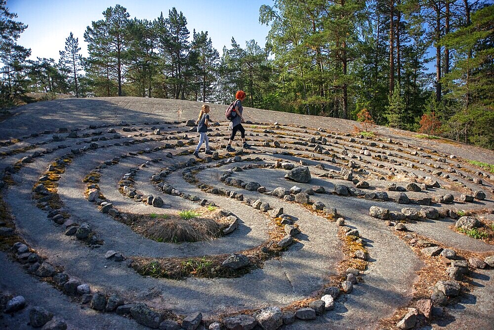 Jungfrudansen stone labyrinth in Finby near Nagu Archipelago trail Finland Southwest Finland Turku archipelago. Nature walk to a turf maze know as a ���virgin dance���. This is part of St Olav Waterway, a new long distance pilgrims hiking path from Turku to Trondheim in Norway. Trondheim was the Nordic Santiago de Compostela in the Middle Ages.