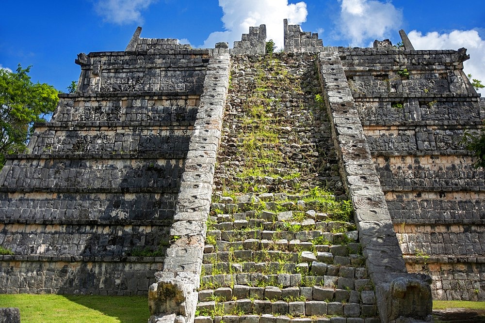 Stony stairs of tomb of the High Priest pyramid at Chichen Itza Archaeological Site in Yucatan Peninsula, Quintana Roo, Caribbean Coast, Mexico