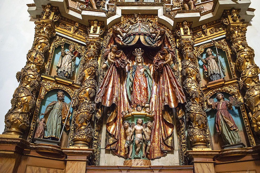 Altarpiece inside Church of San Pelayo de Sabugueria, built in 1840. French Way, Way of St. James. Sabugueria, Santiago de Compostela, A Coruña, Galicia, Spain, Europe