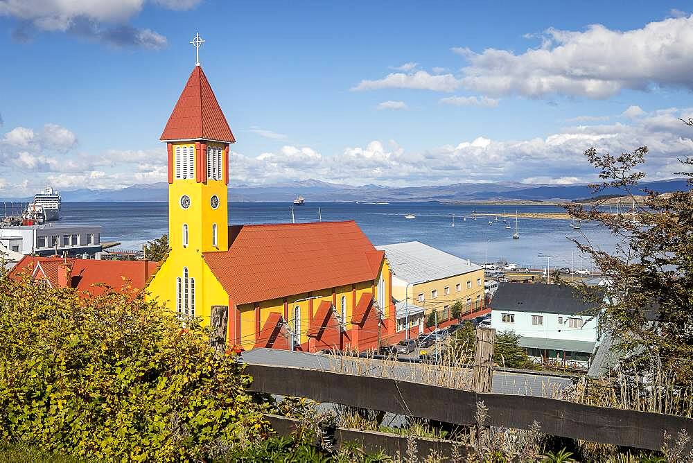 Iglesia nuestra senora de la merced, our lady of mercy church and Beagle Channel, Ushuaia, Tierra del Fuego, Patagonia, Argentina