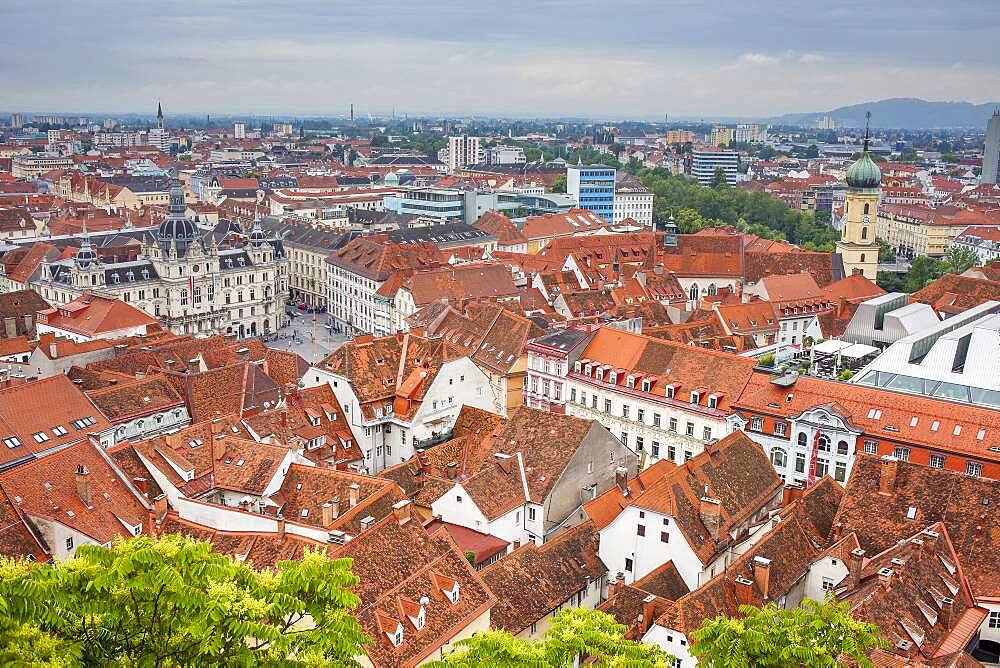 Aerial view, at left City Hall on Hauptplatz, at right Franciscan Church, Graz, Austria