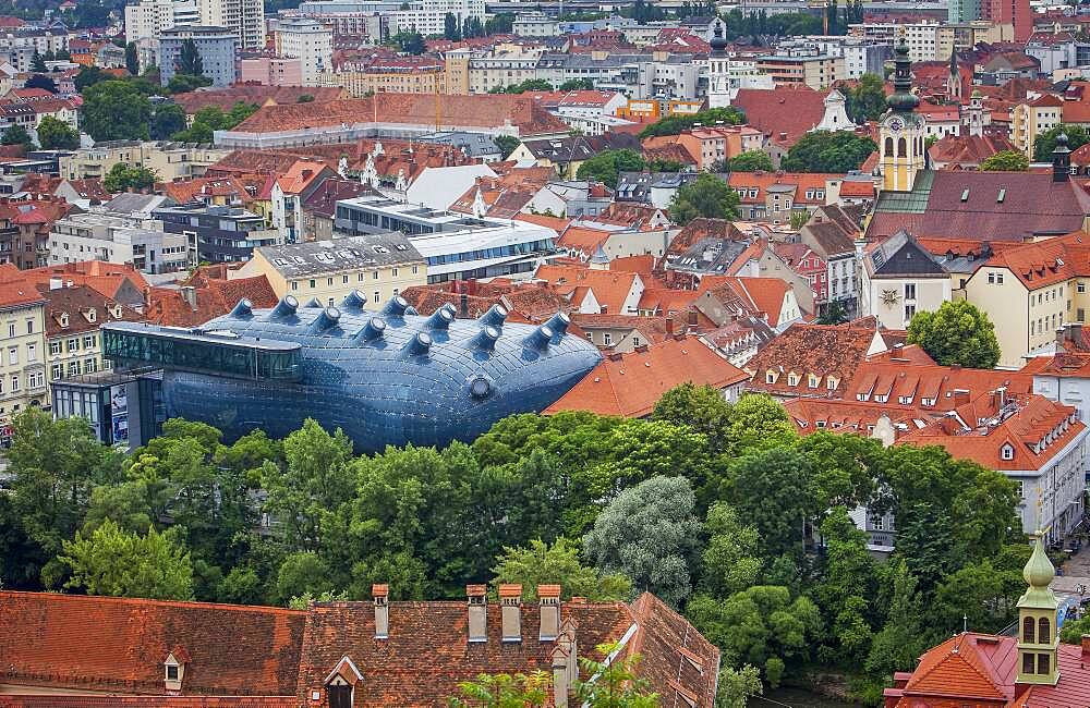 Roofs of the city and Kunsthaus, Graz Art Museum, view from Schlossberg, castle mountain, Graz, Austria