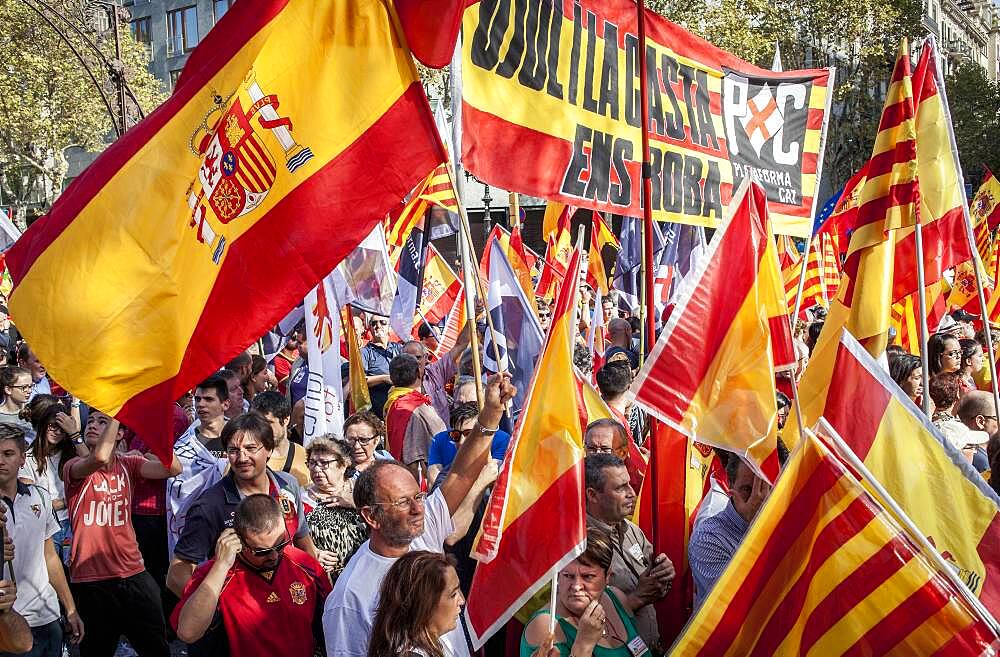 Anti-independence Catalan protestors carry Spanish flags and catalan flags during a demonstration for the unity of Spain on the occasion of the Spanish National Day at Passeig de Gracia, Barcelona on October 12, 2014, Spain