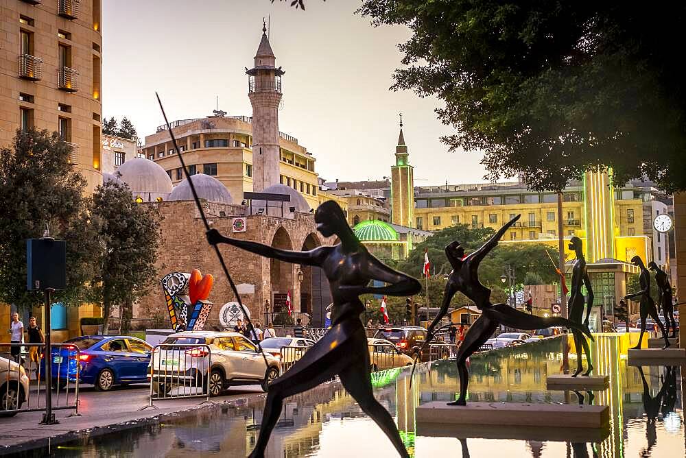 `The warriors" sculptures by Antonio Signorini, in Samir Kassir garden or square, in background Waygand street, Downtown, Beirut, Lebanon