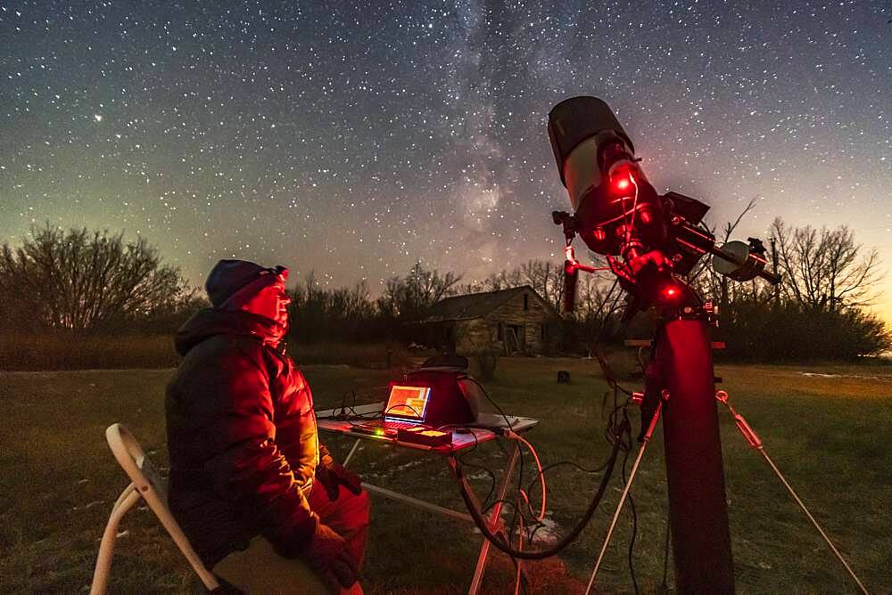 A session shooting deep-sky objects in the rural backyard in Alberta, on a chilly November night, November 8, 2018. I was using the Celestron 8 HD tube assembly on the Astro-Physics Mach One mount, and was shooting Messier 27 with the Canon 6 D MkII.  I shot this image with the Sony a7III and Venus Optics 15mm lens at f/2 focused on the foreground.