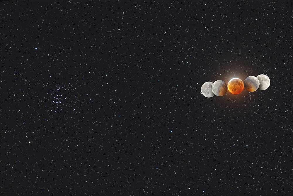 The Moon in total eclipse, on January 20, 2019, in a multiple exposure composite showing the Moon moving from right to left (west to east) through the Earth's umbral shadow.