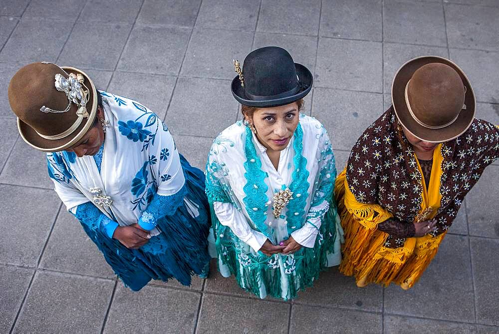 At left Dina , in the middle Benita la Intocable, at right Angela la Folclorista, cholitas females wrestlers, El Alto, La Paz, Bolivia