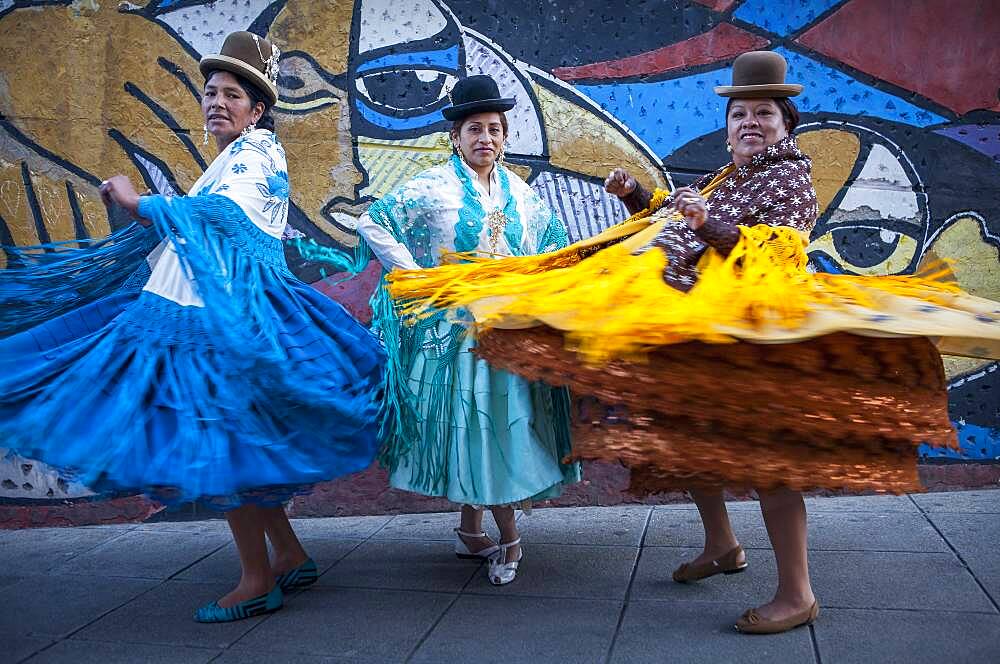 At left Dina , in the middle Benita la Intocable, at right Angela la Folclorista, cholitas females wrestlers, El Alto, La Paz, Bolivia