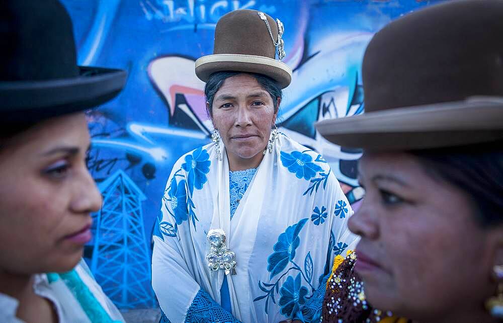 At left Benita la Intocable , in the middle Dina, and at right Angela la Folclorista, cholitas females wrestlers, El Alto, La Paz, Bolivia