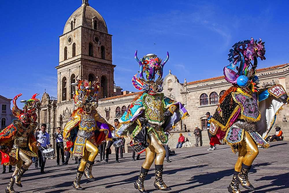 Fiesta del Gran Poder, Plaza San Francisco, in background San Francisco church, La Paz, Bolivia