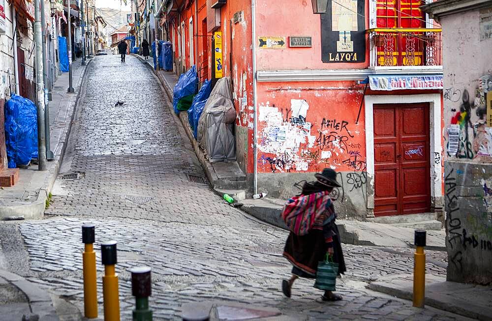 Zone of Mercado de las Brujas,Witches Market, Calle Sagarnaga at calle Linares, in background San Francisco church , La Paz, Bolivia