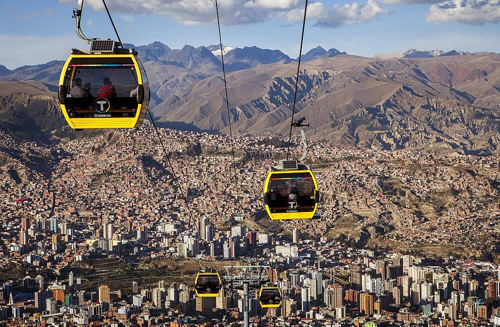 Panoramic view of the city, in background Los Andes mountains, cable car to El Alto, La Paz, Bolivia