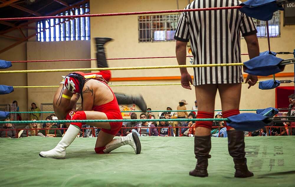 Lucha Libre. Wrestlers in combat, and referee, Sports center La Ceja, El Alto, La Paz, Bolivia