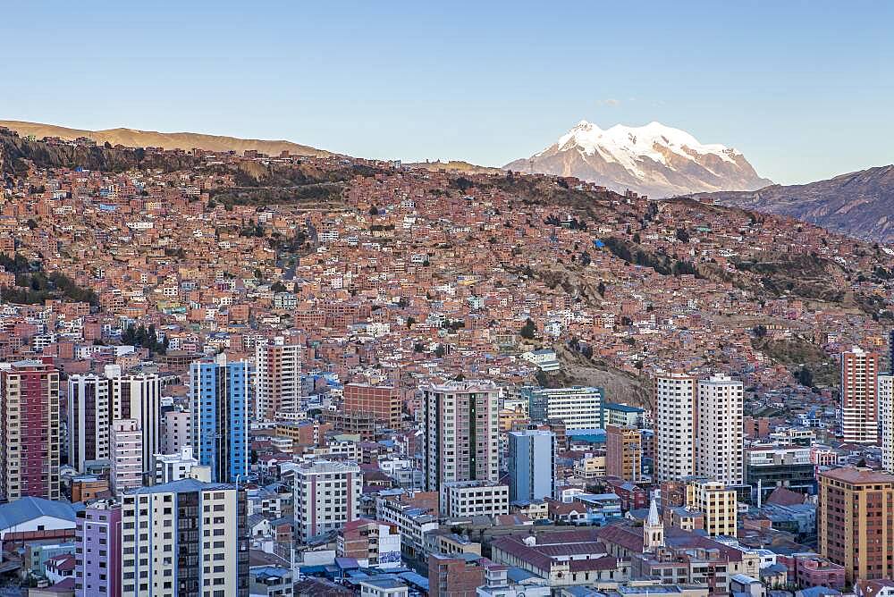 Panoramic view of the city, in background  Illimani mountain 6462 m, La Paz, Bolivia