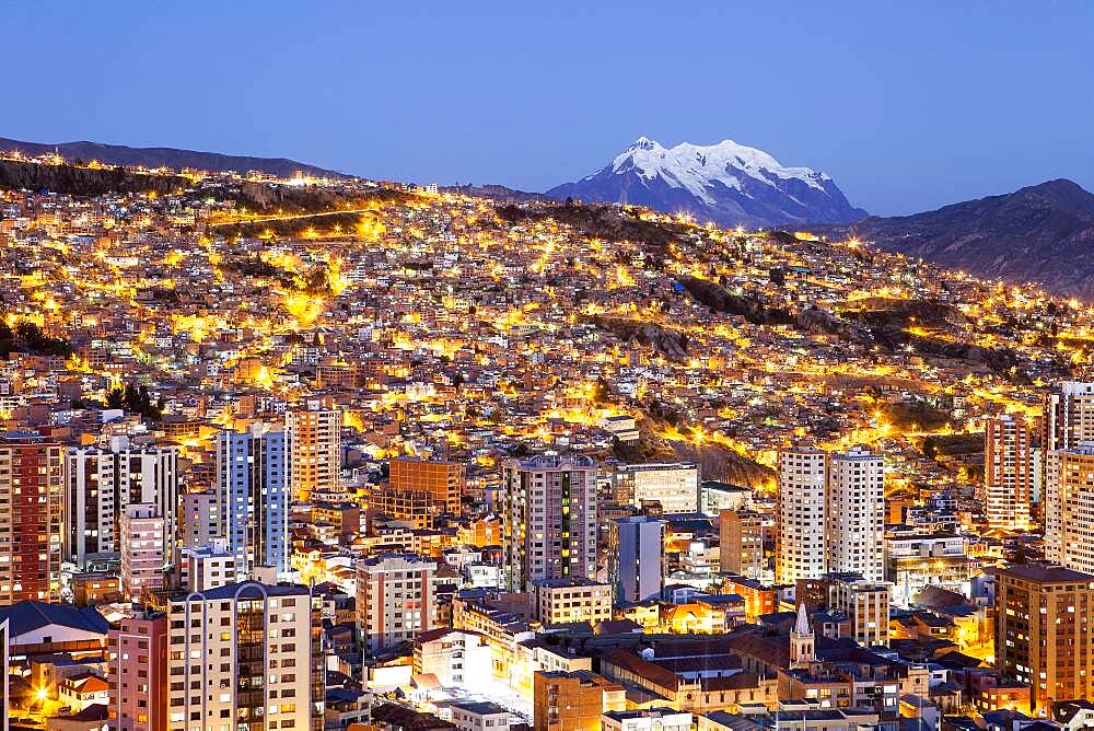 Panoramic view of the city, in background  Illimani mountain 6462 m, La Paz, Bolivia