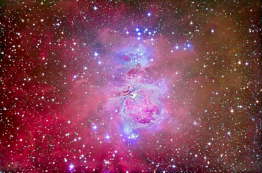 The Orion Nebula, M42 and M43, with surrounding associated nebula and star clusters, such as the Running Man Nebula above (NGC 1975) and blue star cluster above it, NGC 1981.