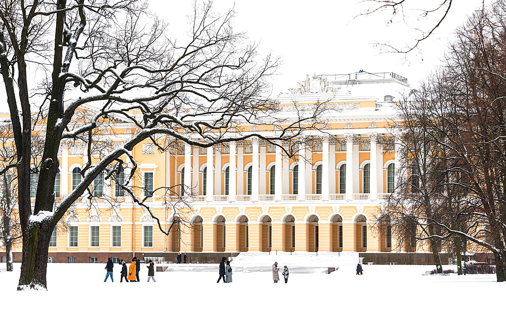 Winter view across the Mikhailovsky Garden towards the northern facade of the Mikhailovsky Palace, Saint Petersburg, Russia, Eurasia