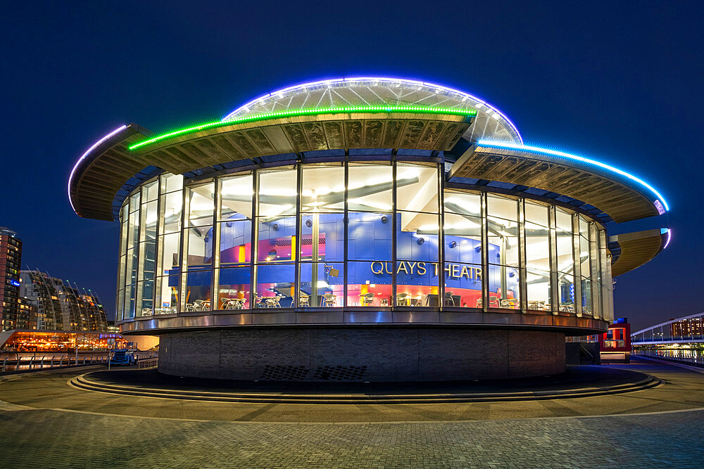 The Lowry Centre Theatre at night, Salford Quays, Salford, Manchester, England, United Kingdom, Europe