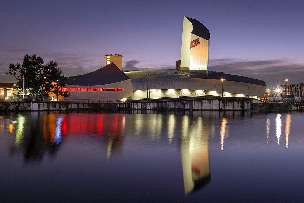 Imperial War Museum North at night, Salford Quays, Manchester, England, United Kingdom, Europe