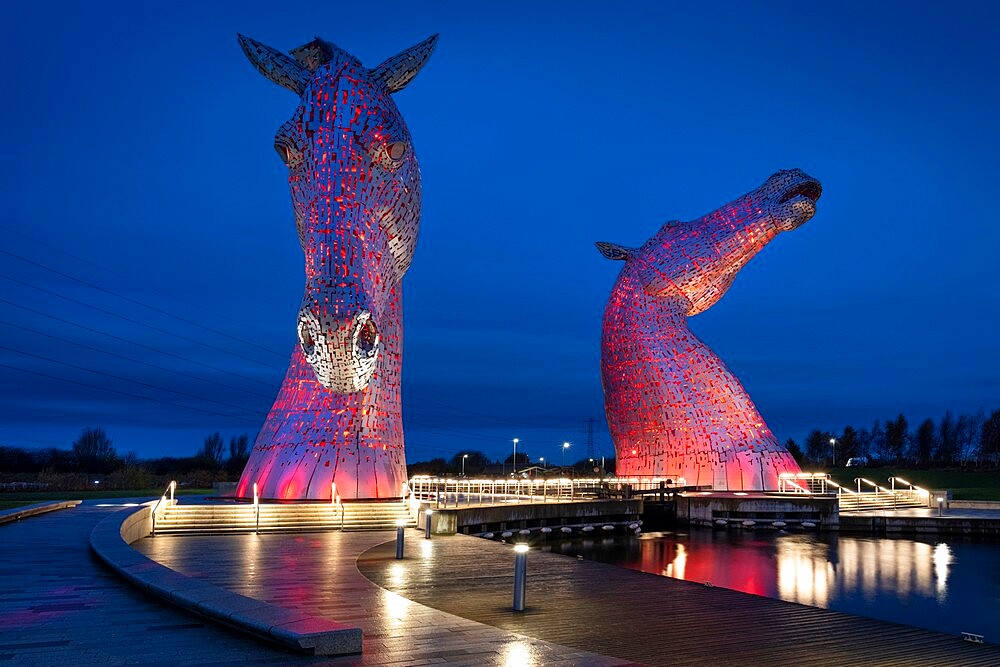 The Kelpies at night, near Falkirk, Stirlingshire, Scotland, United Kingdom, Europe