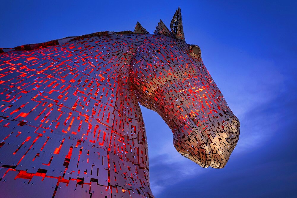 One of the two Kelpies sculptures at night, near Falkirk, Stirlingshire, Scotland, United Kingdom, Europe