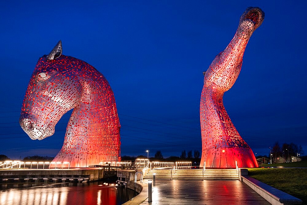 The Kelpies at night, near Falkirk, Stirlingshire, Scotland, United Kingdom, Europe