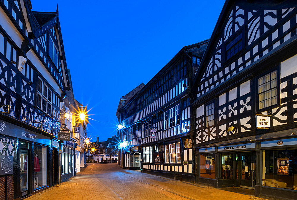 The 16th century Crown Inn and Medieval buildings at night, High Street, Nantwich, Cheshire, England, United Kingdom, Europe