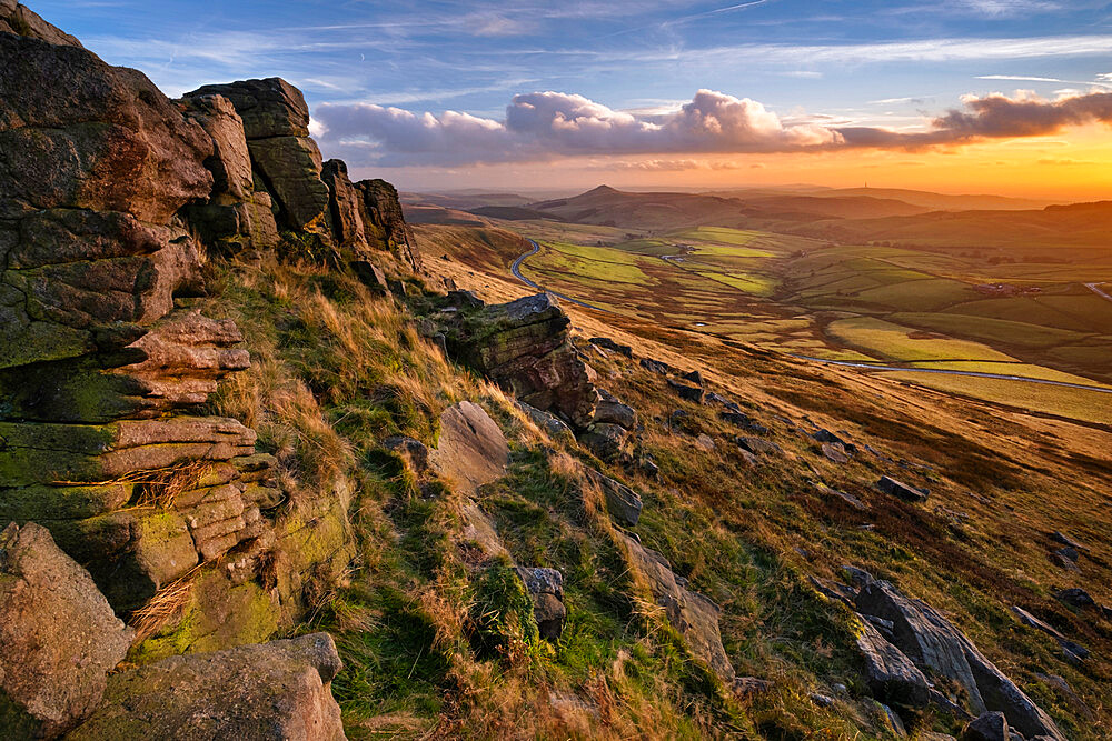 View over the Peak District from Shining Tor towards Shutlingsloe at sunset, Peak District National Park, Cheshire, England, United Kingdom, Europe