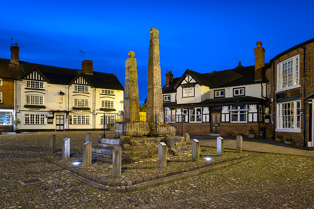 Ancient Saxon Crosses in the Market Place at night, Sandbach, Cheshire, England, United Kingdom, Europe