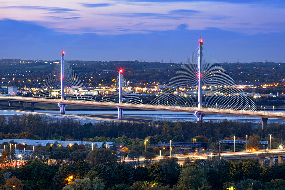 The Mersey Gateway Bridge over the Mersey Estuary at night, near Runcorn, Cheshire and Merseyside border, England, United Kingdom, Europe