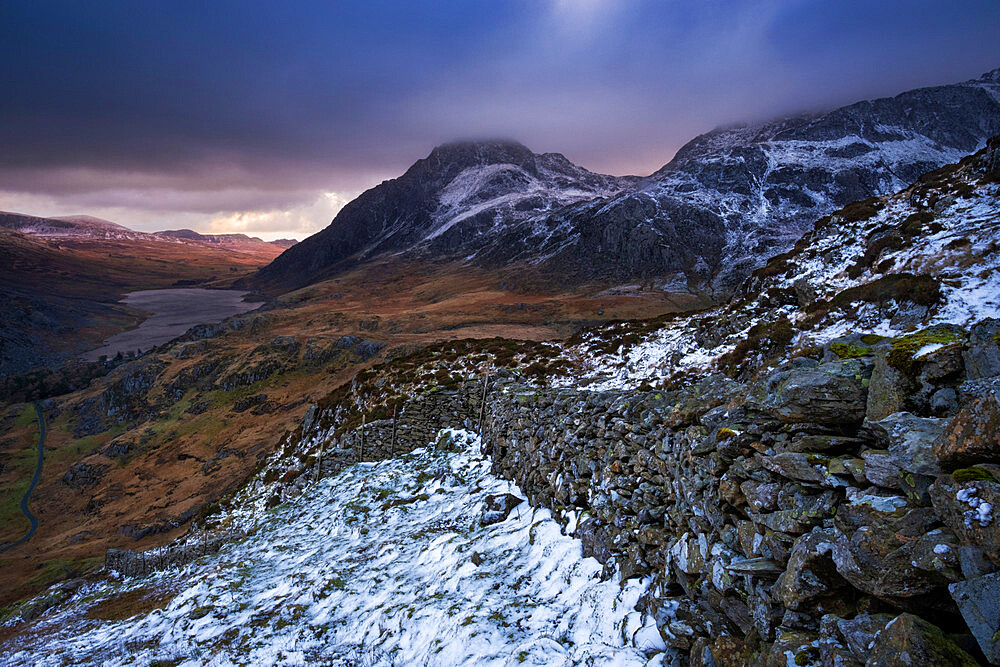 Tryfan, Llyn Ogwen and the Ogwen Valley in winter, The Glyderau Mountains, Snowdonia National Park, North Wales, United Kingdom, Europe