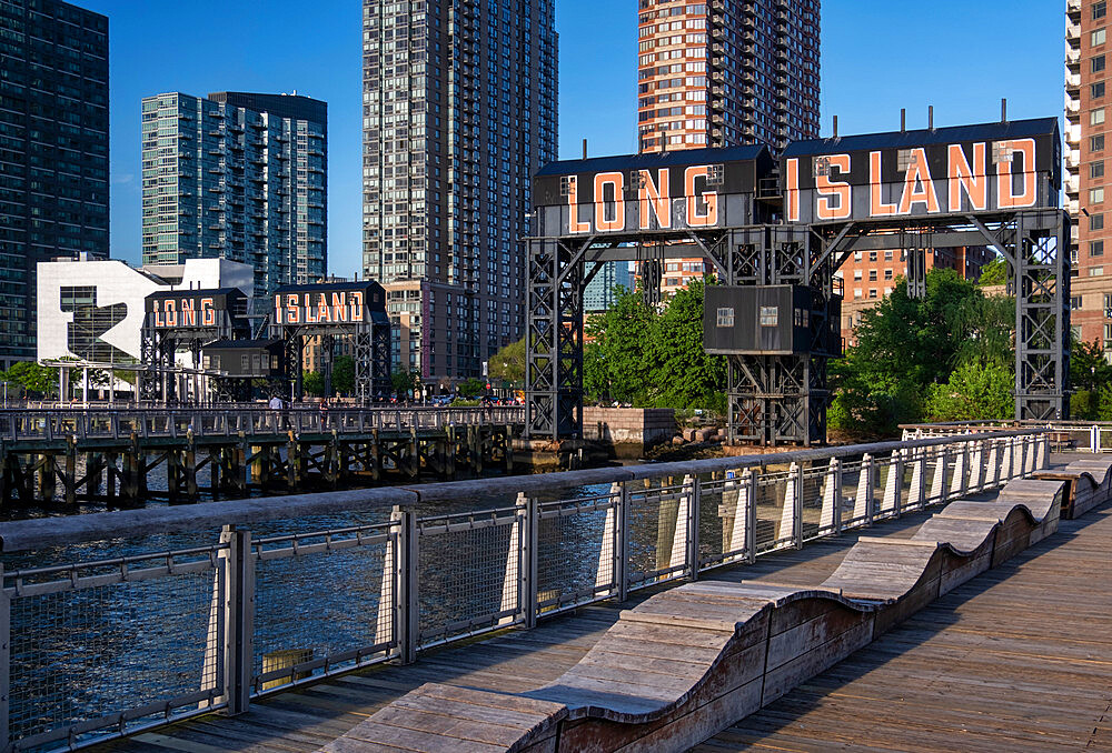 Gantry Plaza State Park with Long Island restored gantries, Long Island City, New York, United States of America, North America