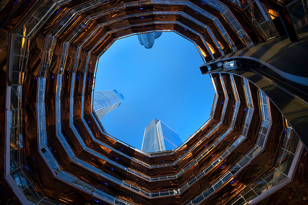 Looking up from inside The Vessel, Hudson Yards, Manhattan, New York City, New York, United States of America, North America