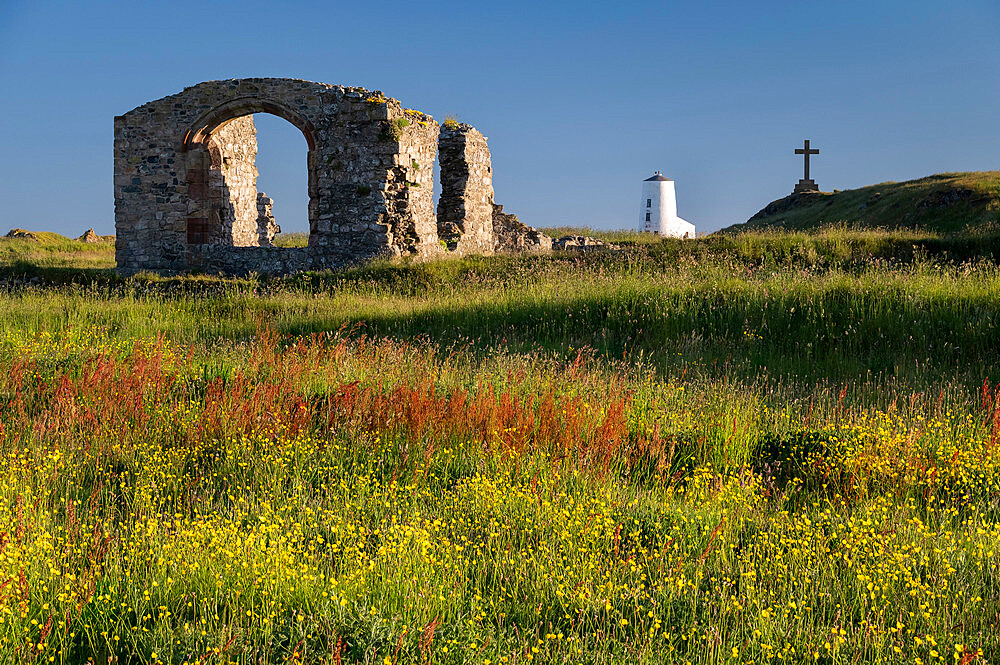 St. Dwynwen's Church and Twr Mawr lighthouse on Llanddwyn Island, near Newborough, Anglesey, North Wales, United Kingdom, Europe