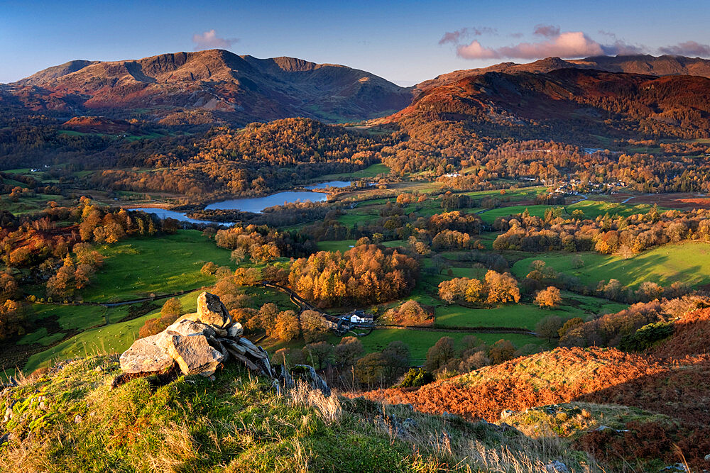 Elter Water, Wetherlam and The Tilberthwaite Fells from Loughrigg Fell in autumn, Lake District National Park, UNESCO World Heritage Site, Cumbria, England, United Kingdom, Europe