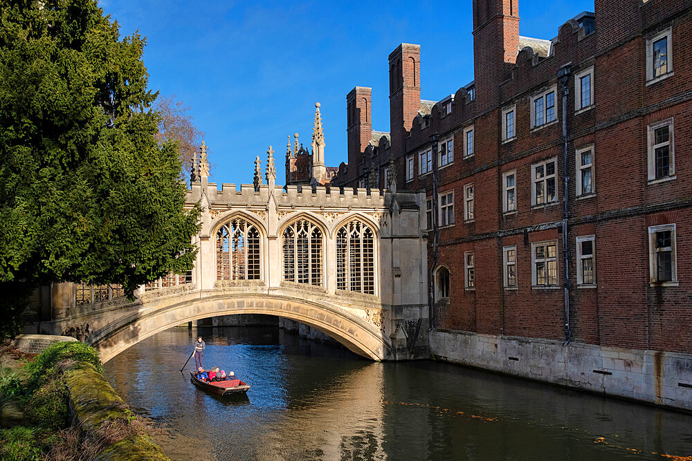 Punting under Bridge of Sighs on the River Cam, St Johns College, Cambridge University, Cambridge, Cambridgeshire, England, UK