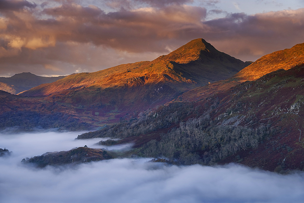 First Light on Yr Aran above a fog filled Nant Gwynant Valley, Nant Gwynant, Eryri, Snowdonia National Park, North Wales, United Kingdom, Europe