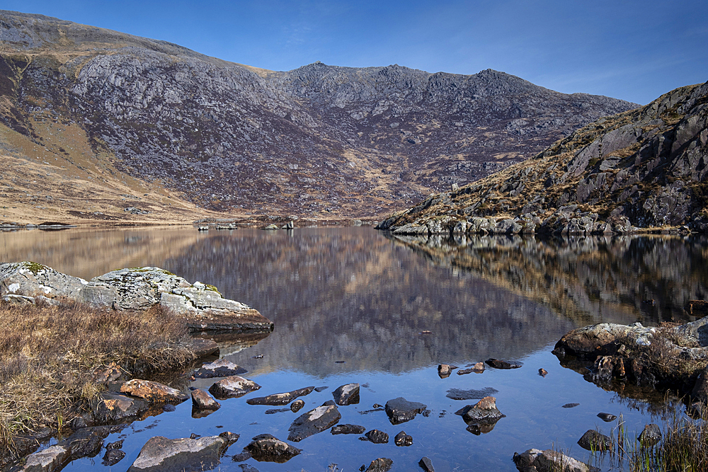 Llyn Cwmffynnon backed by Glyder Fach, The Glyderau, Snowdonia National Park, Eryri, North Wales, United Kingdom, Europe