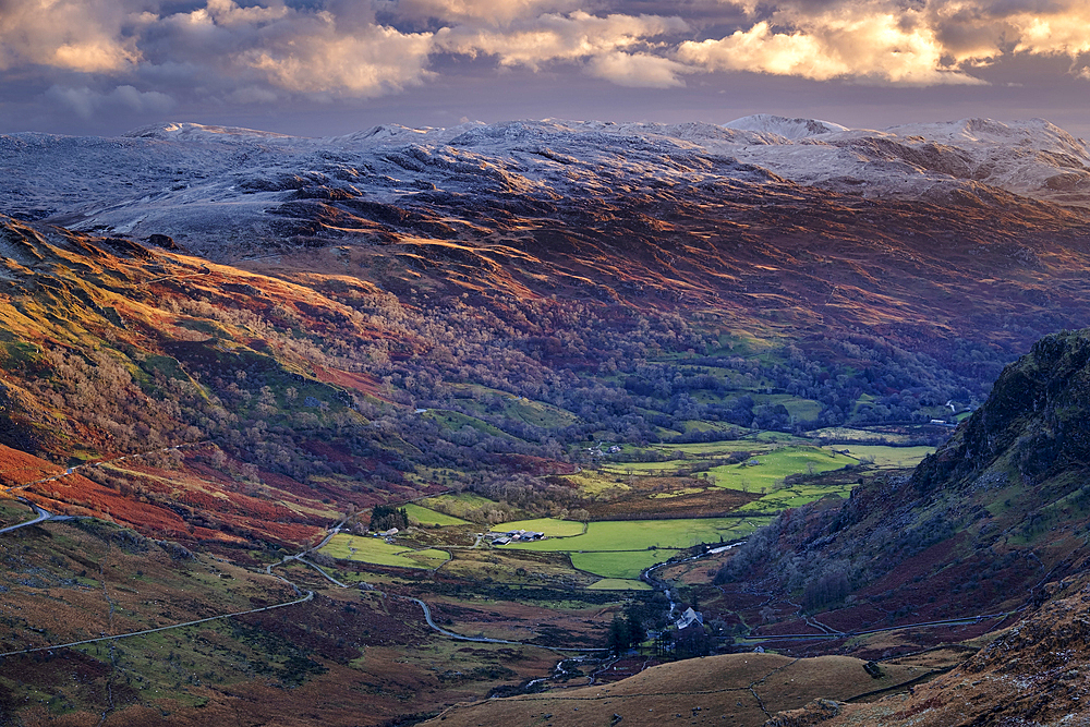 View across Nant Gwynant to the Moelwynion mountains (Moelwyns) in winter, Snowdonia National Park, Eryri, North Wales, United Kingdom, Europe