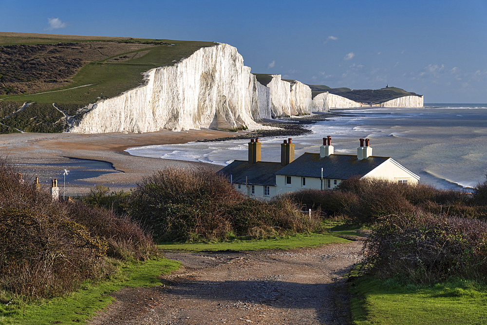 The Seven Sisters white chalk cliffs from Cuckmere Haven, South Downs National Park, East Sussex, England, United Kingdom, Europe